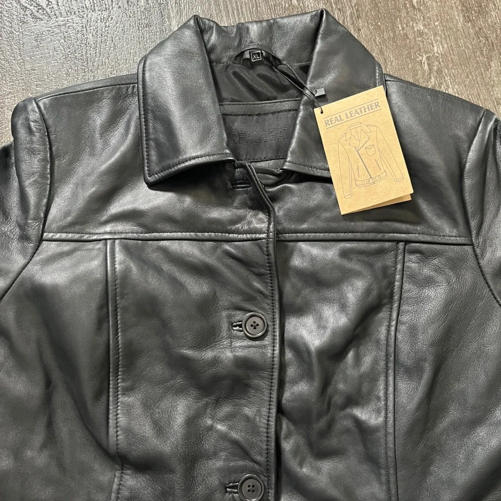 Kandis‎ Woman Coat Black Real Leather Jacket Button Front Lined XL
